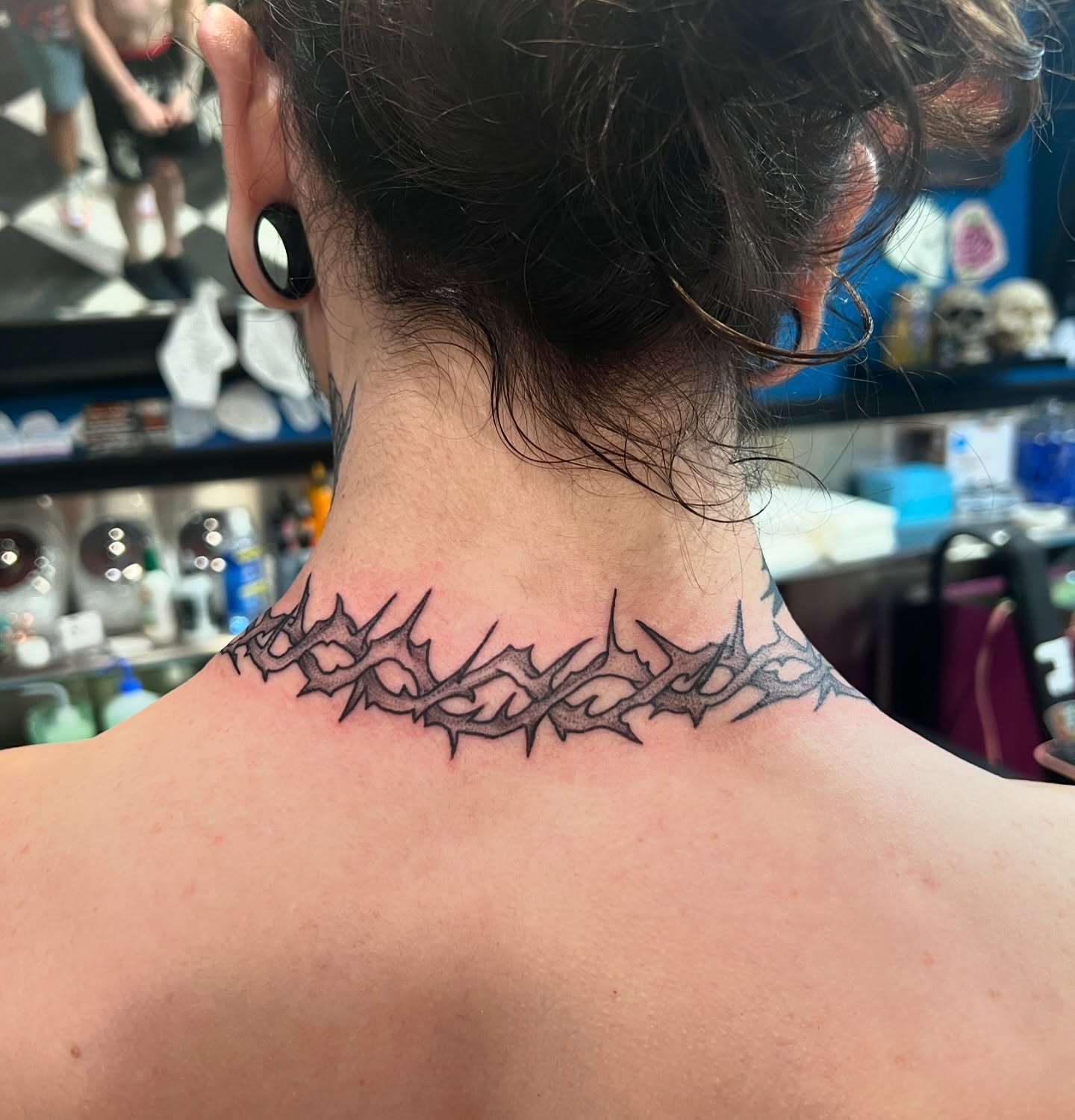 Thorn border black and grey tattoo on the neck by Baung Ben