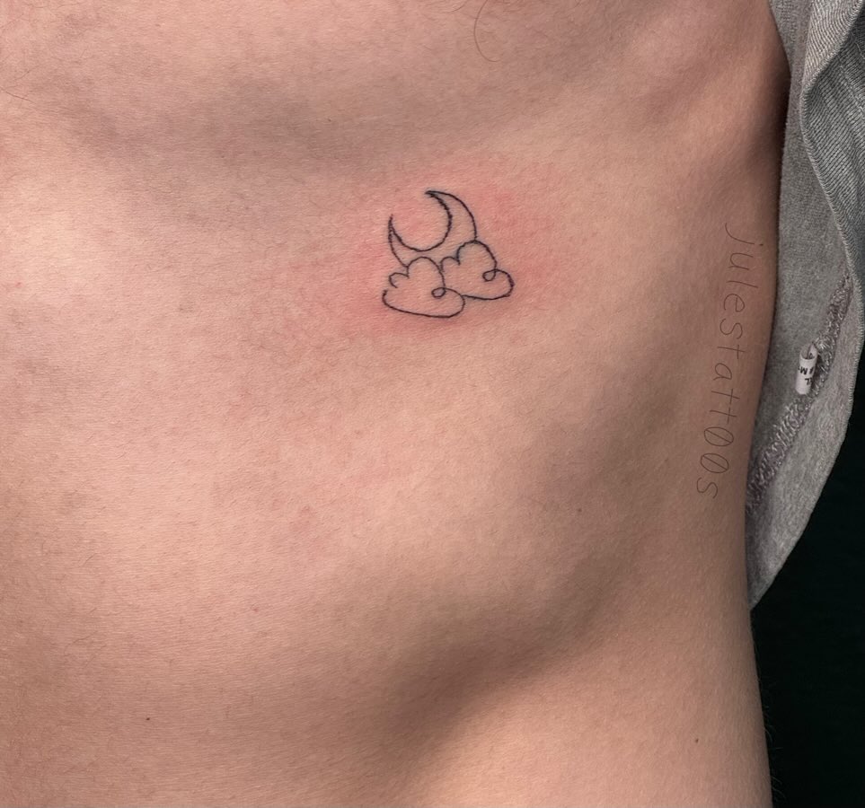 Three hearts with crescent moon minimalist tattoo on the chest by Juliette :D