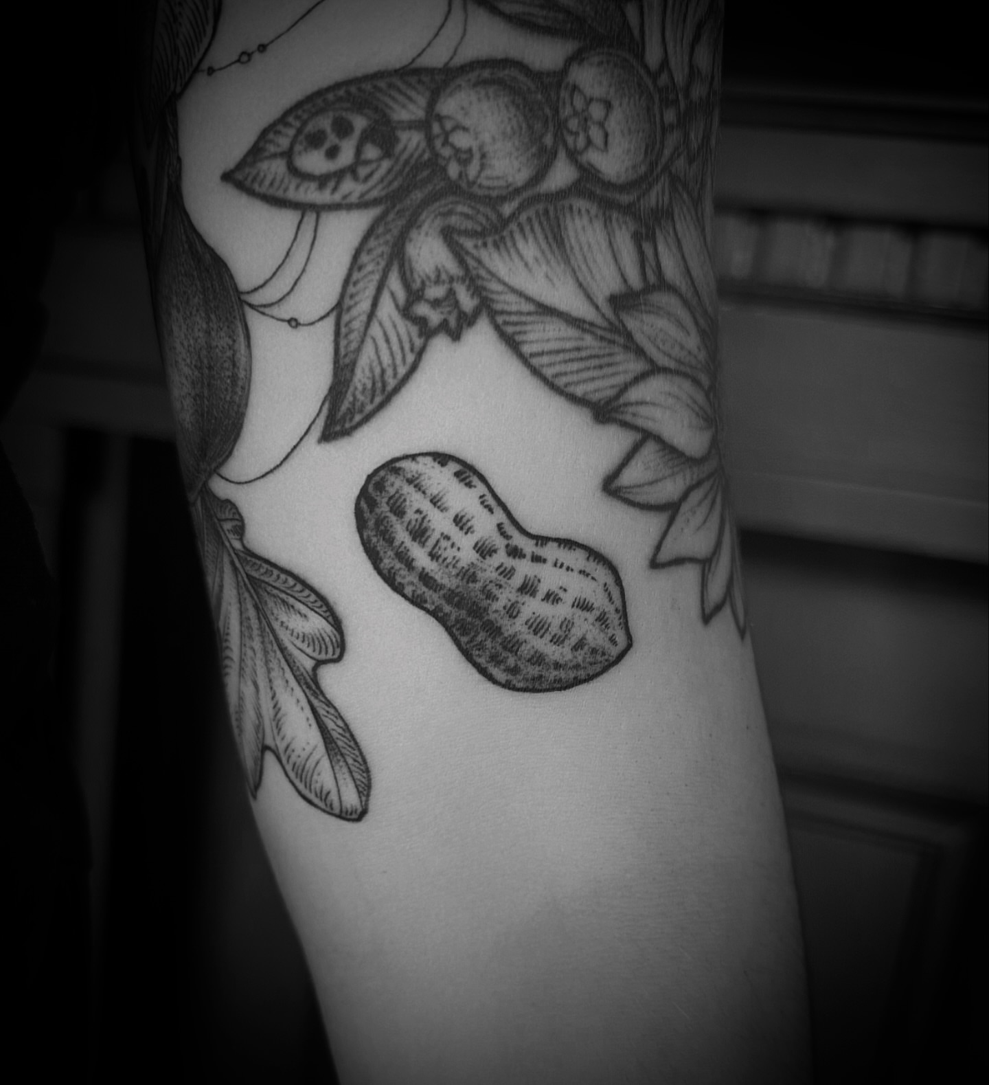 Peanut and leaves black and grey tattoo on the forearm by Desireé Keys, Midvale, Utah