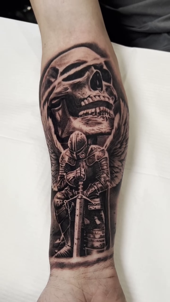 Skull and knight dark realism tattoo by BJ