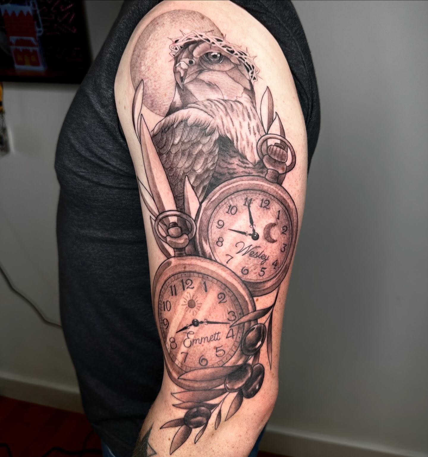 Hawk and pocket watch realism tattoo on the forearm by Son Salem
