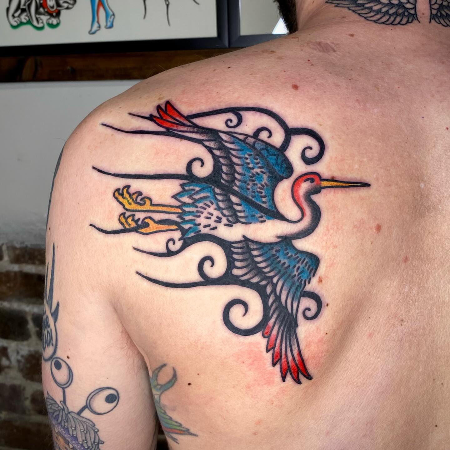 Crane American traditional tattoo on the shoulder by Jack, Knoxville, Tennessee