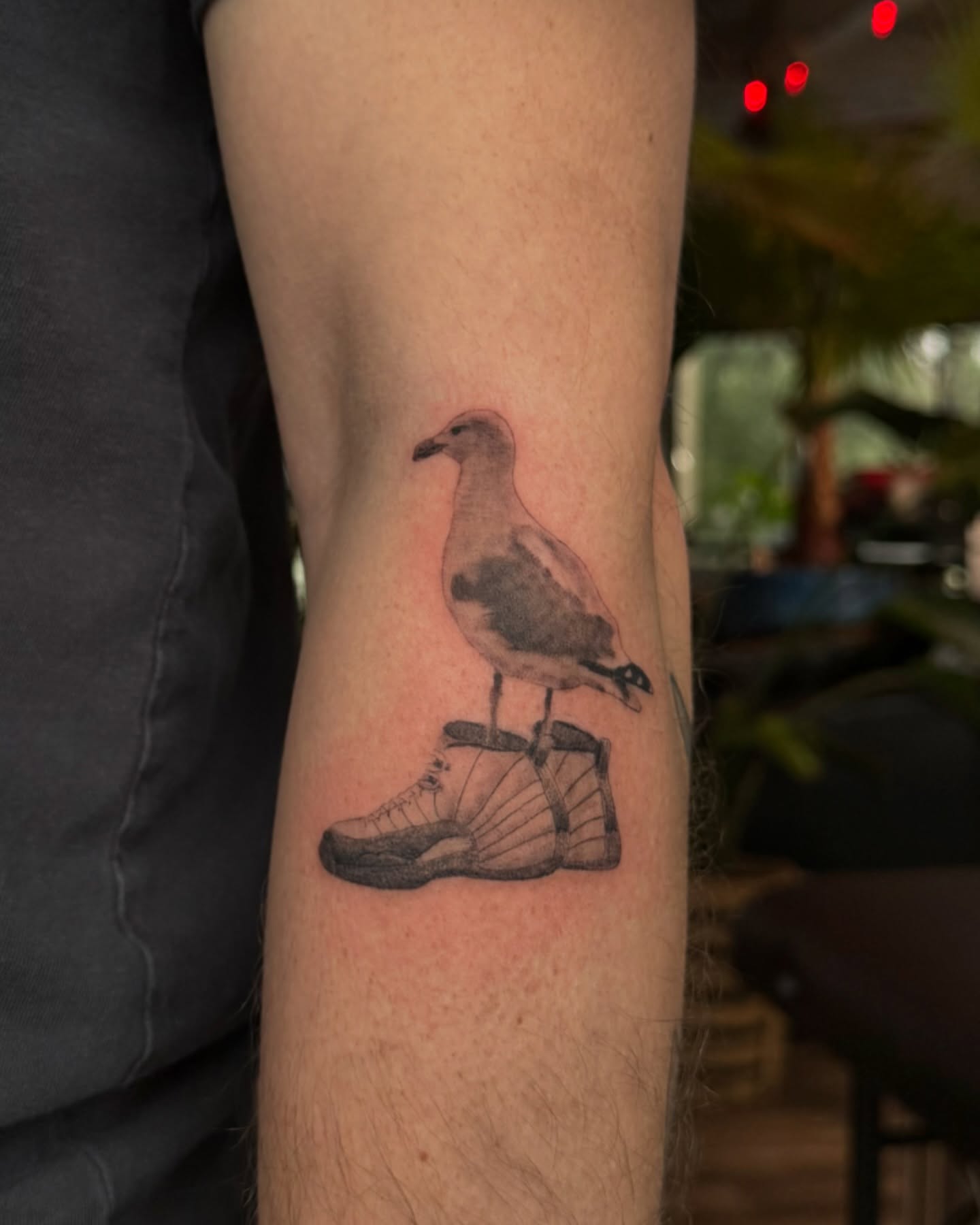 Seagull on shoe realism tattoo on the forearm by Truett Payton