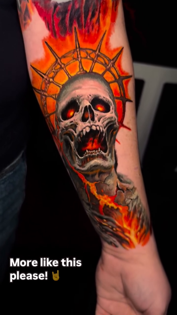 Skull with fiery halo realism tattoo by Jamie Lee Parker