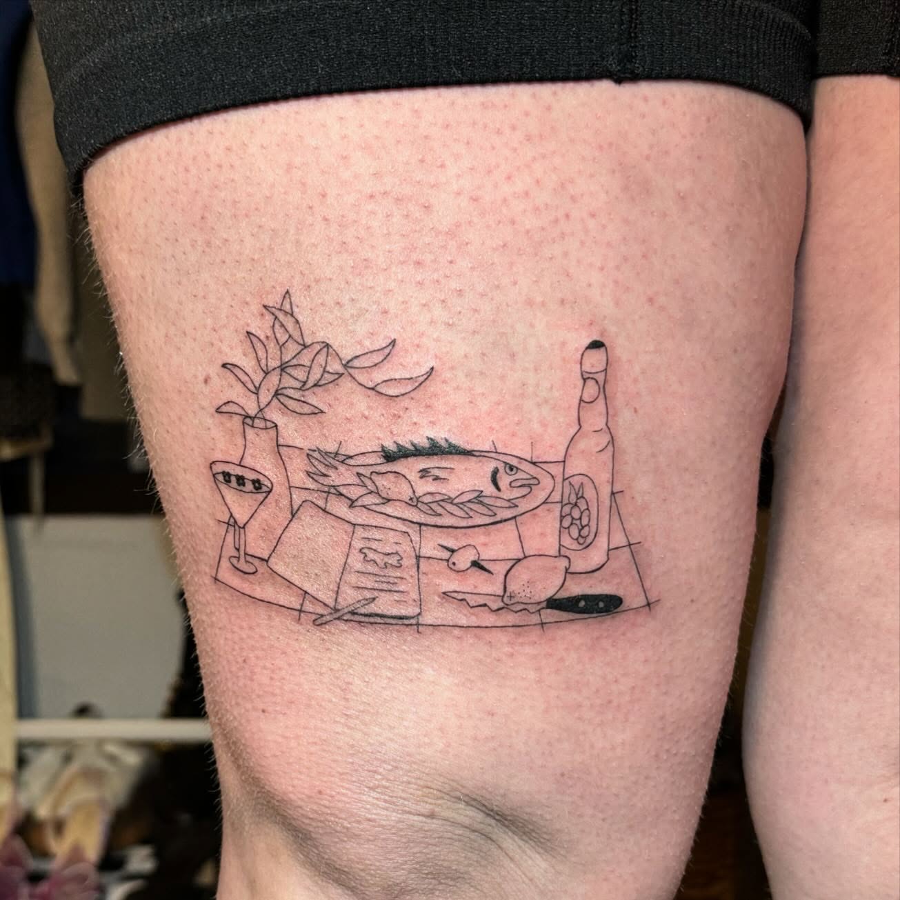 Fish dinner minimalist tattoo on the thigh by house0fsleep 💤