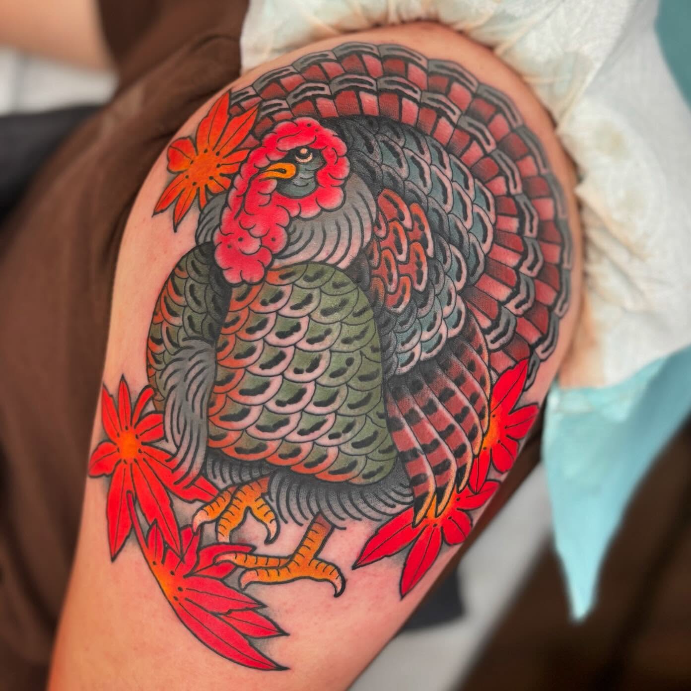 Turkey American traditional tattoo on the shoulder by Cody Collins