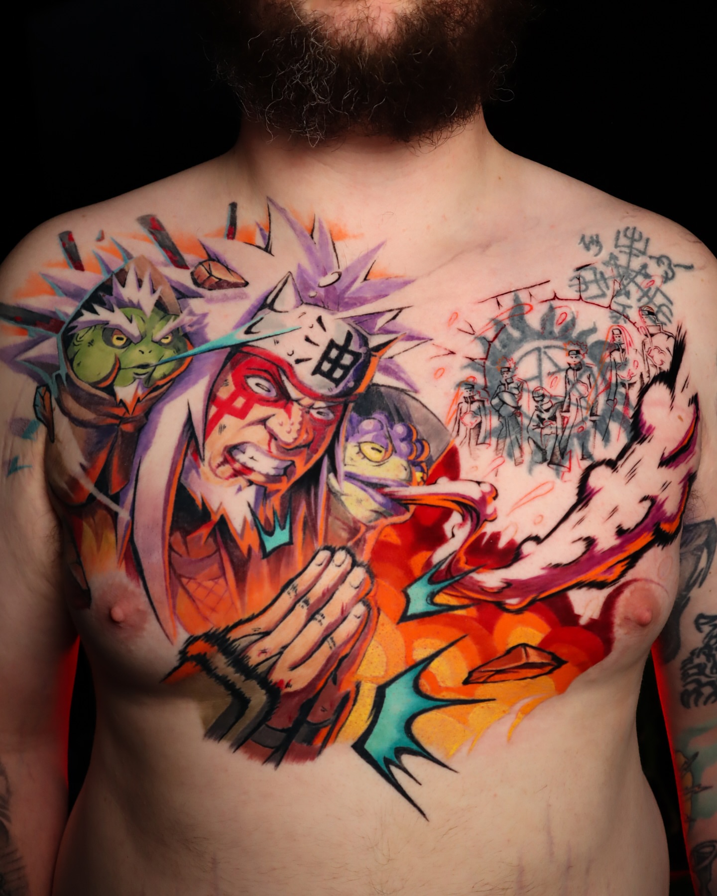 Anime characters anime tattoo on the chest by Jesús Blones - Tattoo Artist, Norwalk, Connecticut