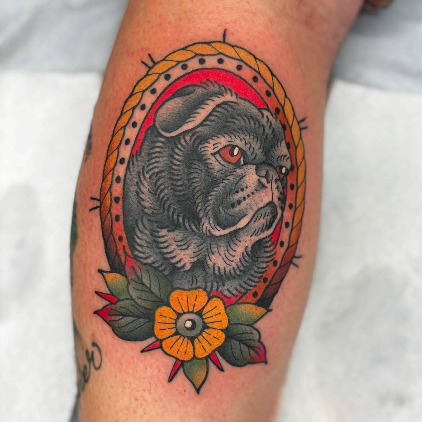 Bull head American traditional tattoo on the forearm by Cody Collins