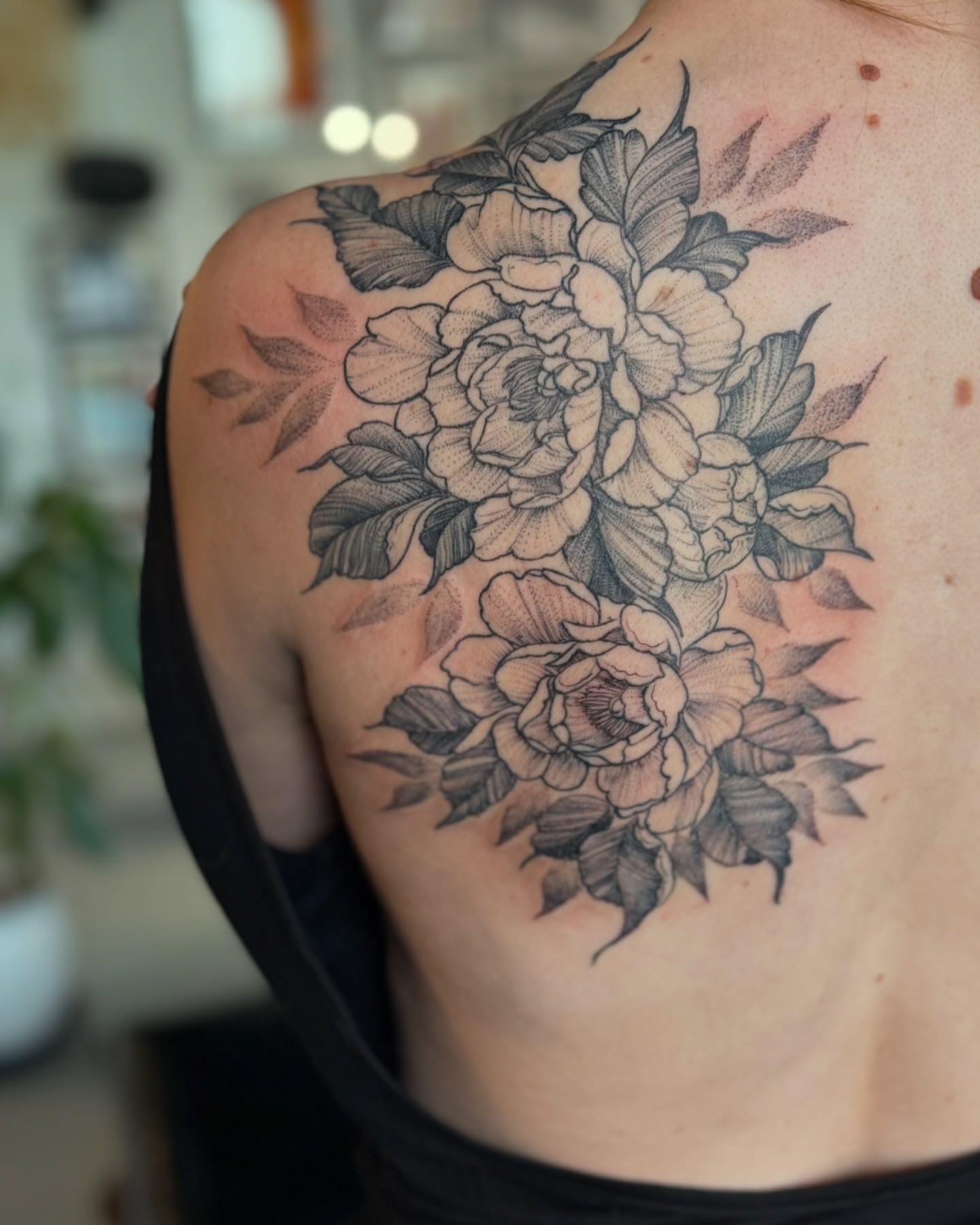 Peonies dotwork tattoo on the shoulder by Benjamin Carlson