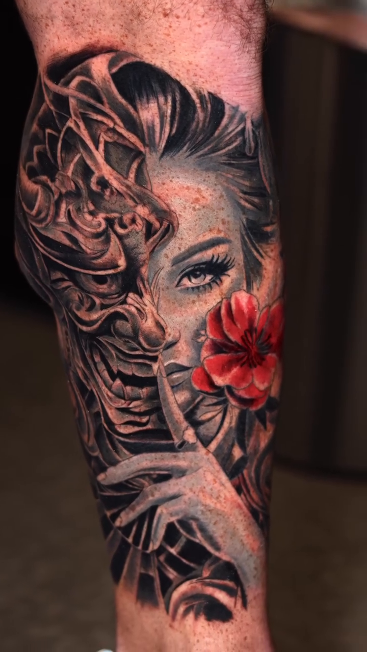 Woman with mask and flower realism tattoo by Luis Arenas