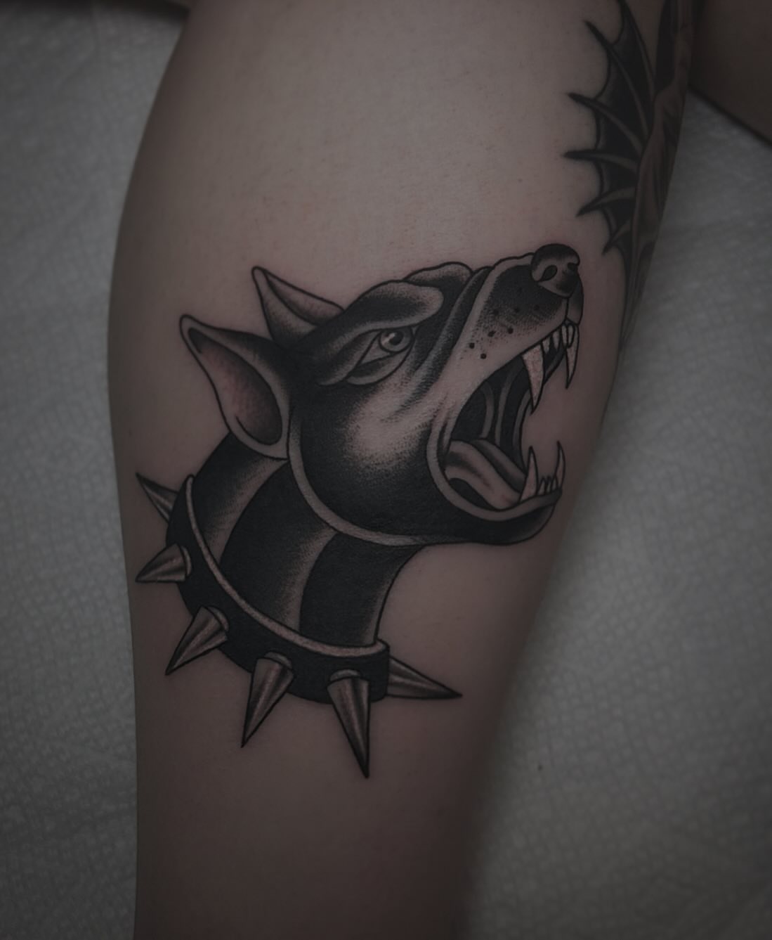 Angry dog head black and grey tattoo on the forearm by Kayla Shoffner