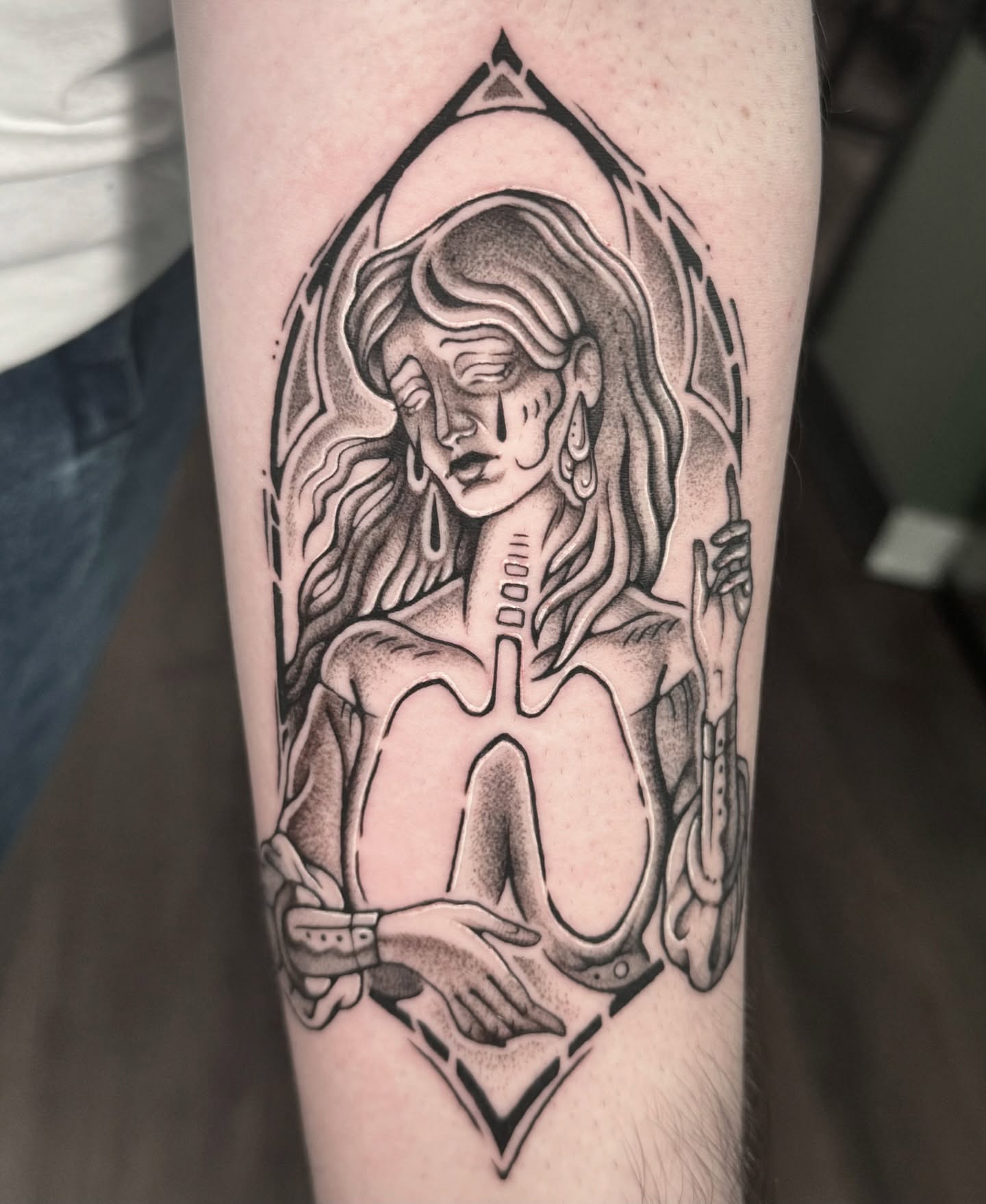 Woman with skeleton dotwork tattoo on the forearm by π»ππππ β½ πΏππππ, Franklin, Tennessee