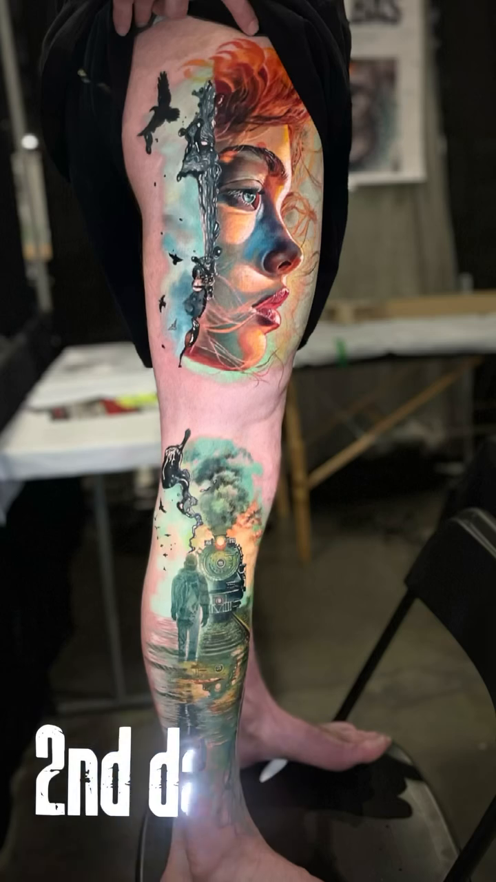 Woman's face with abstract elements realism tattoo by Brian Ulibarri