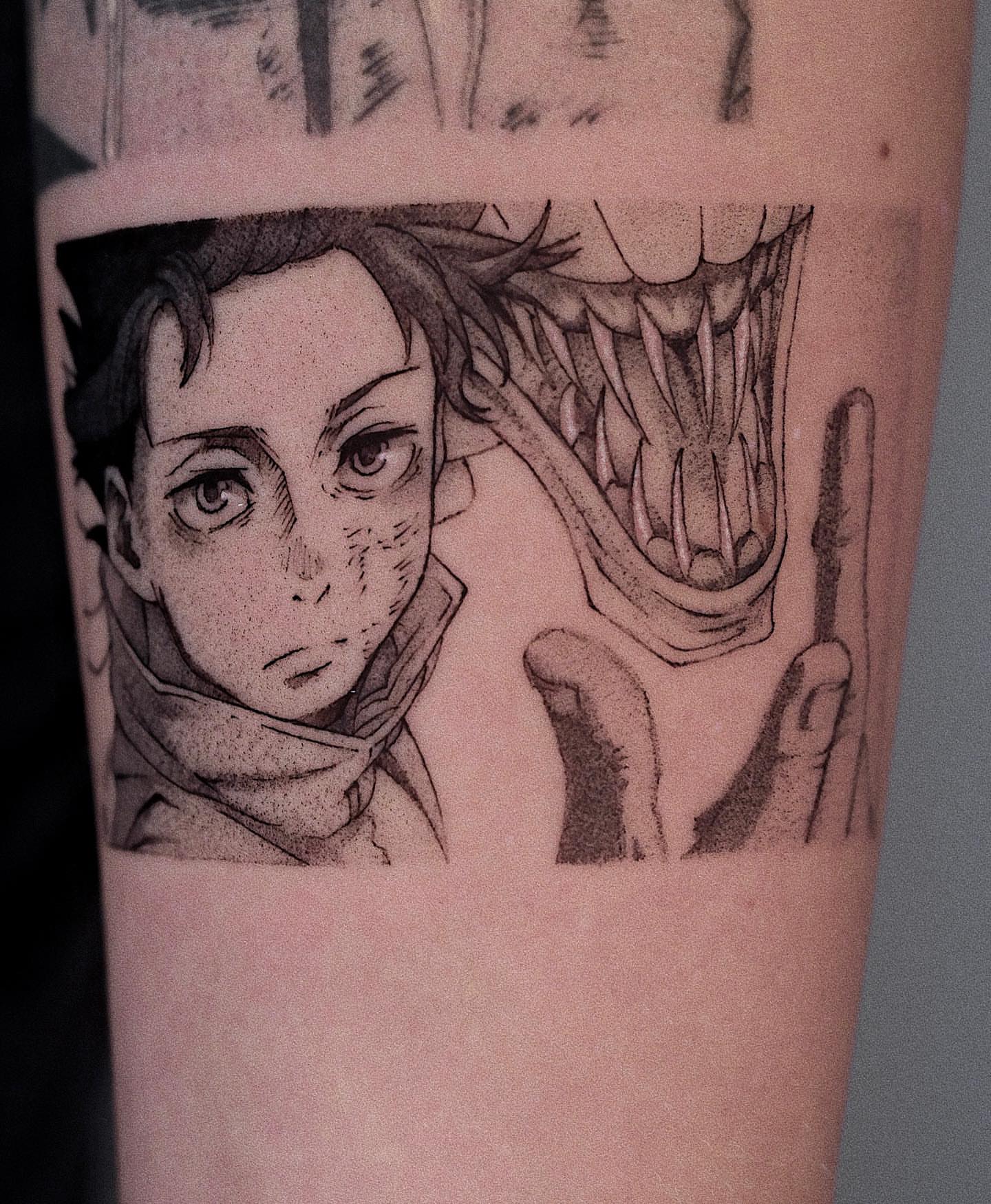 Tattoo by @tattooist_monday — anime, dotwork