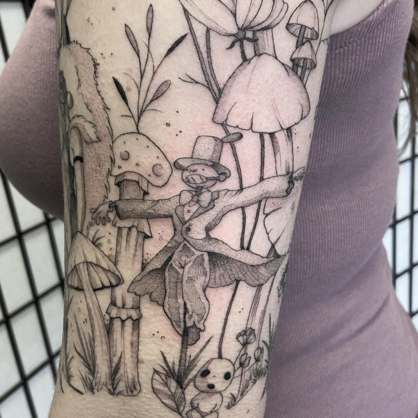 Mushroom forest dotwork tattoo on the forearm by Libbey June @ Snailberry Studios- NW OHIO