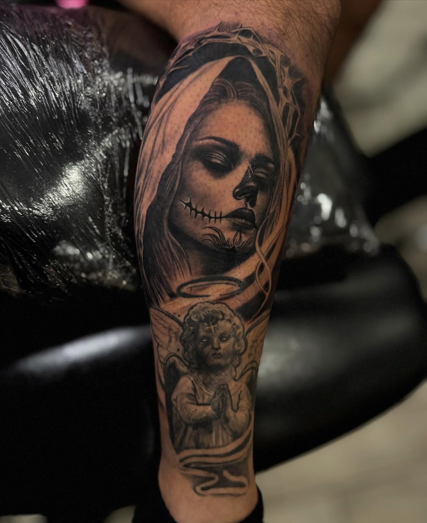Skeleton woman with cherub realism tattoo on the forearm by Dallas Tattoo Artist