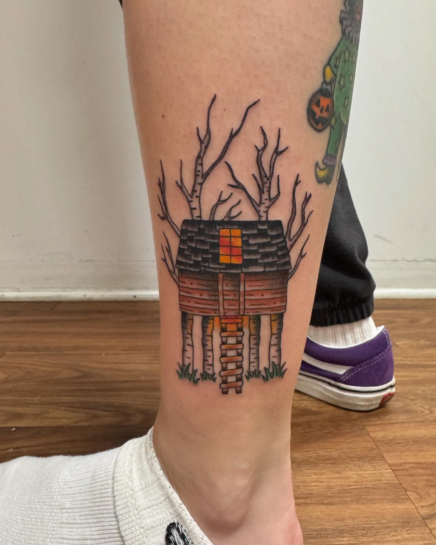 Treehouse realism tattoo on the calf by McKenna Chalifoux