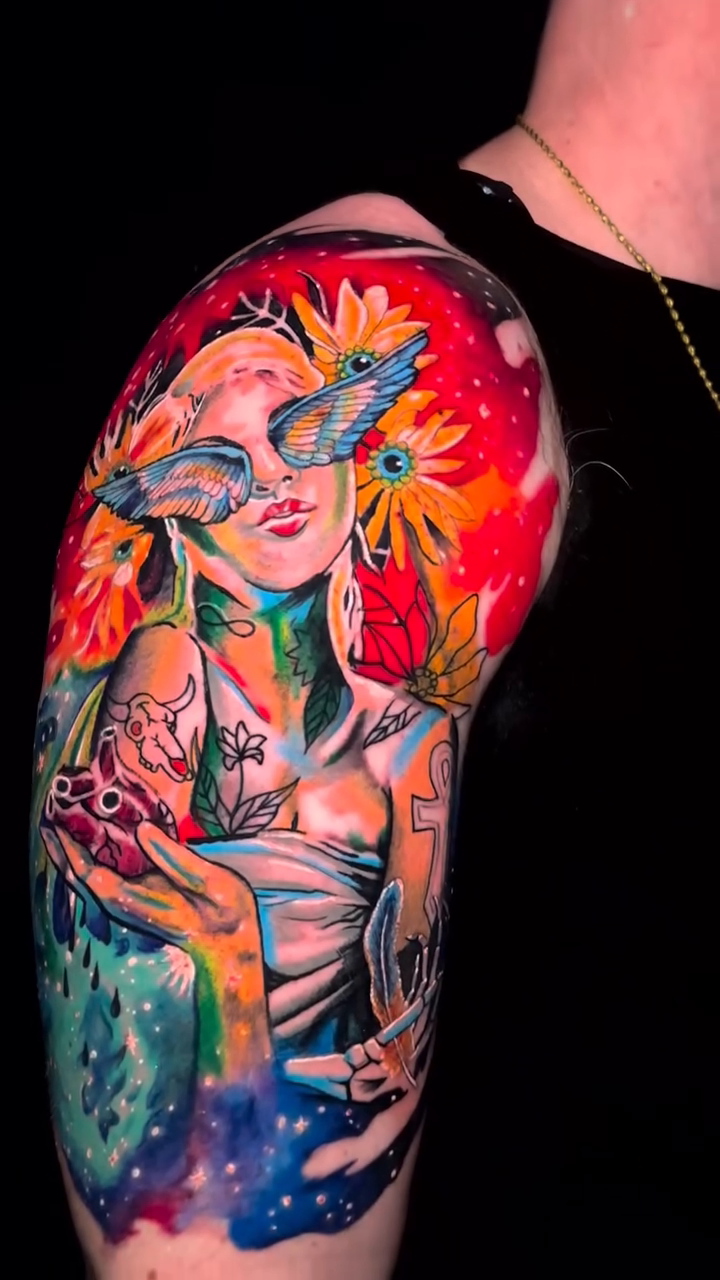 Woman with birds and flowers neo-traditional tattoo by Matt Trimble, Charlotte, North Carolina