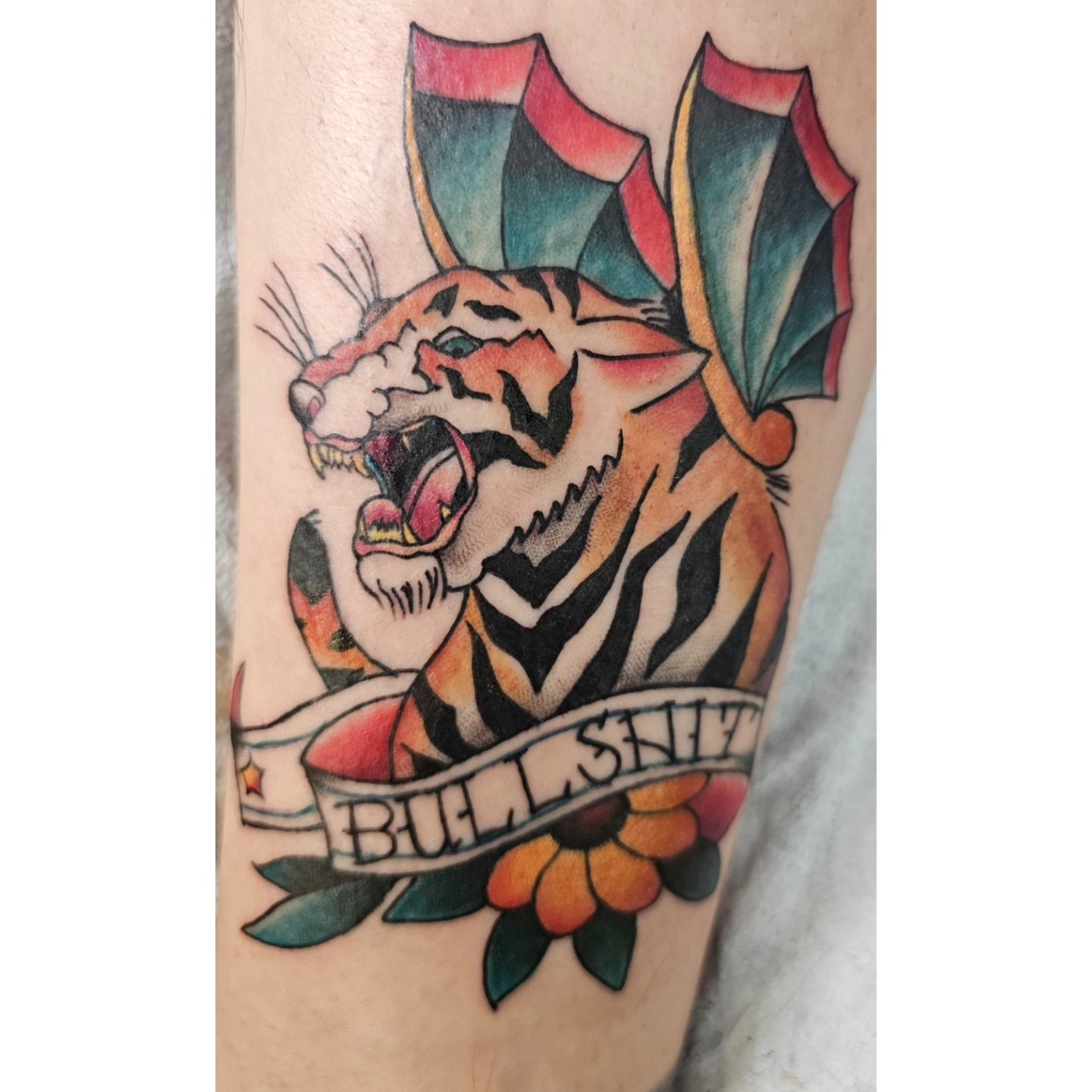 Tiger American traditional tattoo on the forearm by The Fabled Tattooist (Alyssa Summers), Eagle Point, Oregon