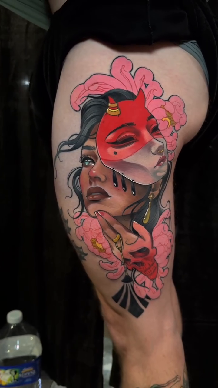 Geisha with mask and flowers japanese irezumi tattoo by Evin Pfaff, Bedford, Pennsylvania
