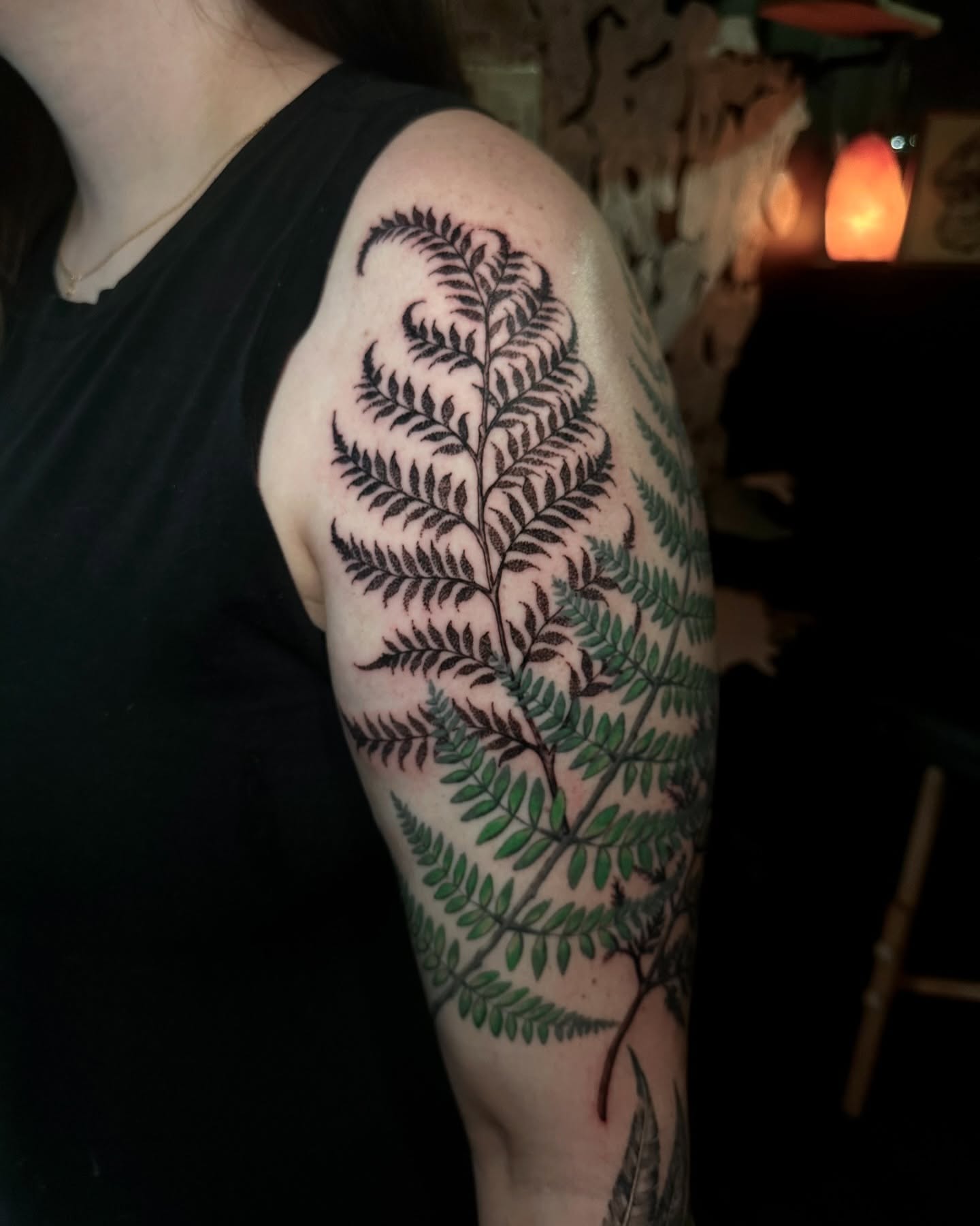 Fern black and grey tattoo on the upper arm by Abby ✣ fineline and blackwork ✣