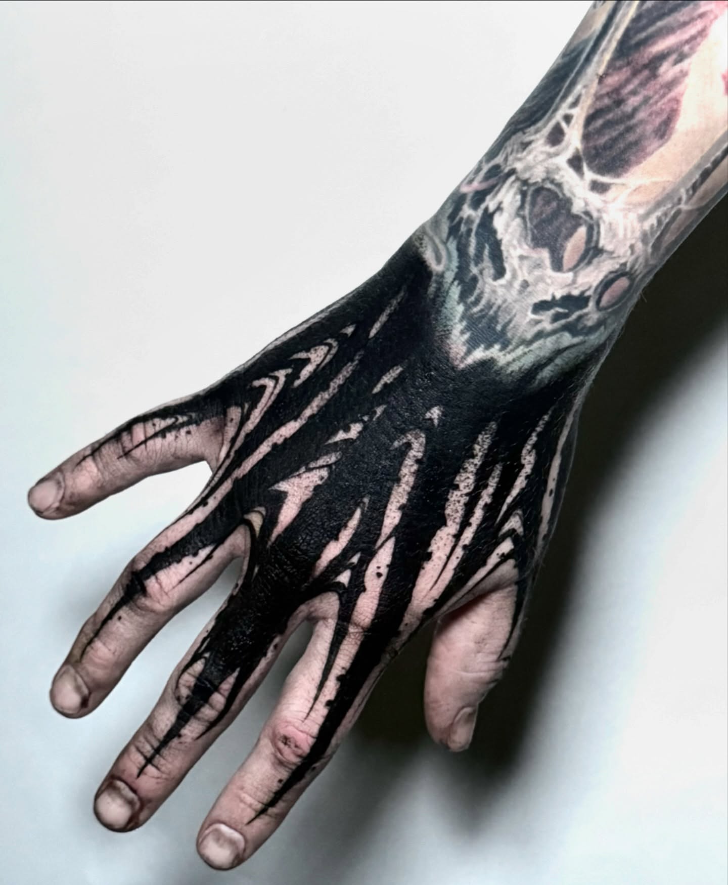 Bone structure dark realism tattoo on the hand by Kelsey Lorrae, Ankeny, Iowa