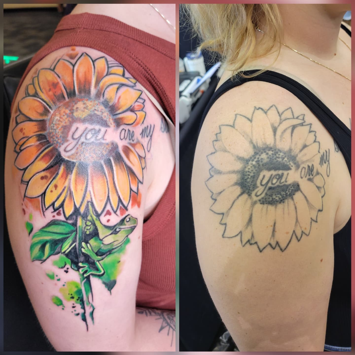 Sunflower and frog watercolor tattoo on the shoulder by Naez Ink AKA Renae Madison, Macomb, Illinois