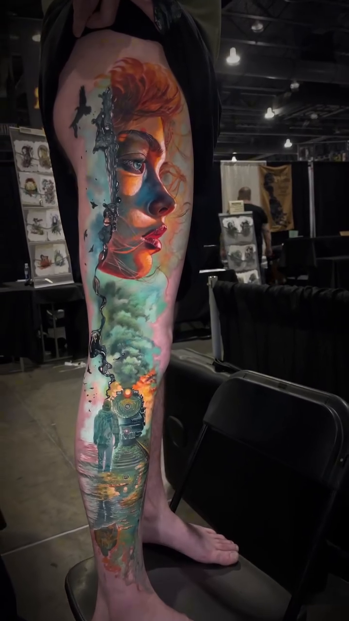 Woman with surreal landscape realism tattoo by Brian Ulibarri