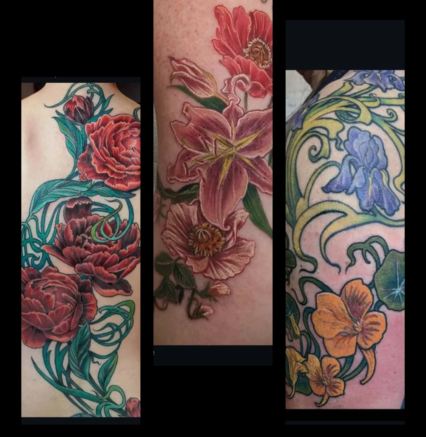 Floral bouquet new school tattoo on the upper arm by Ashton Allen-Ruiz, Portland, Oregon