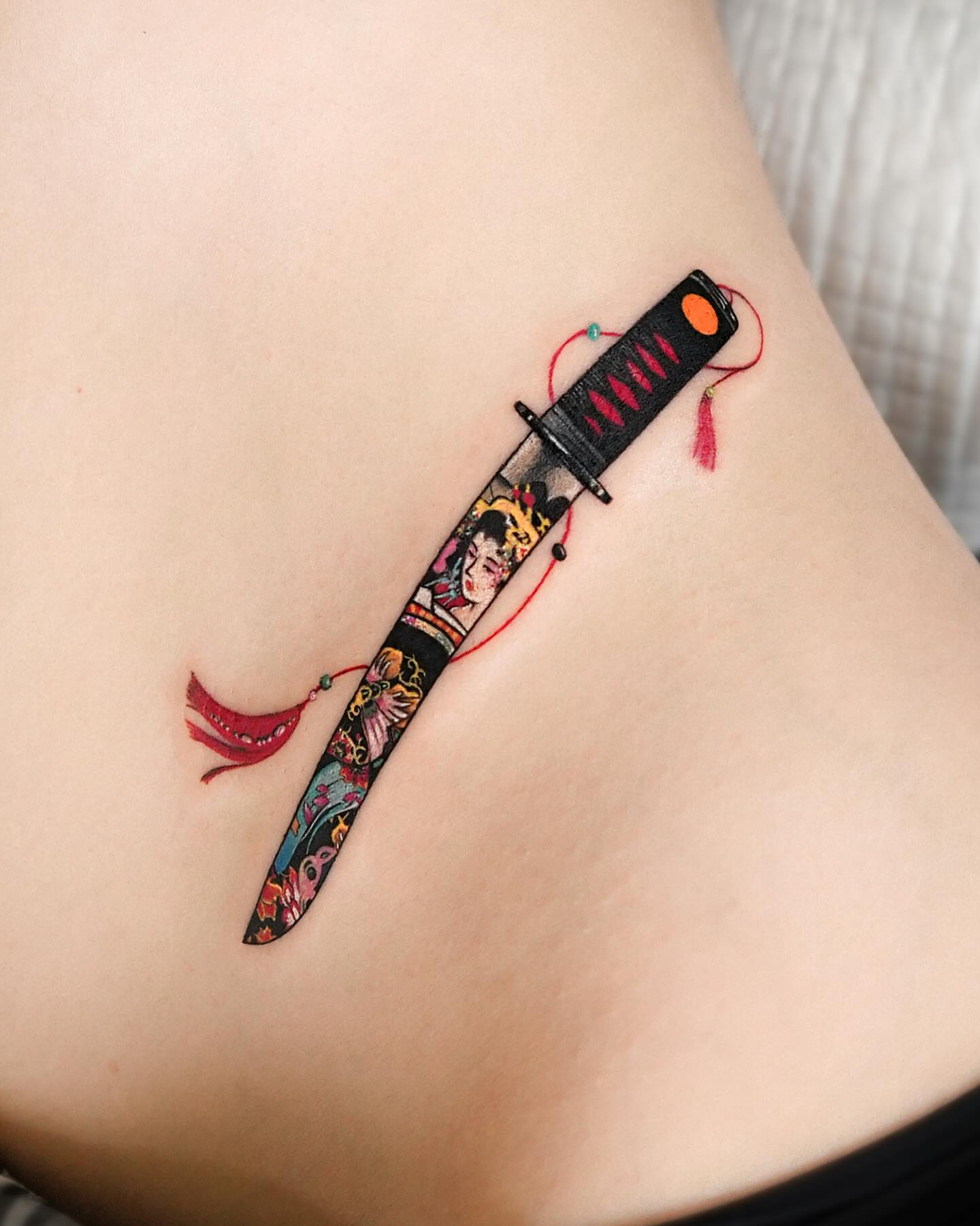 Katana japanese irezumi tattoo on the thigh by EQ