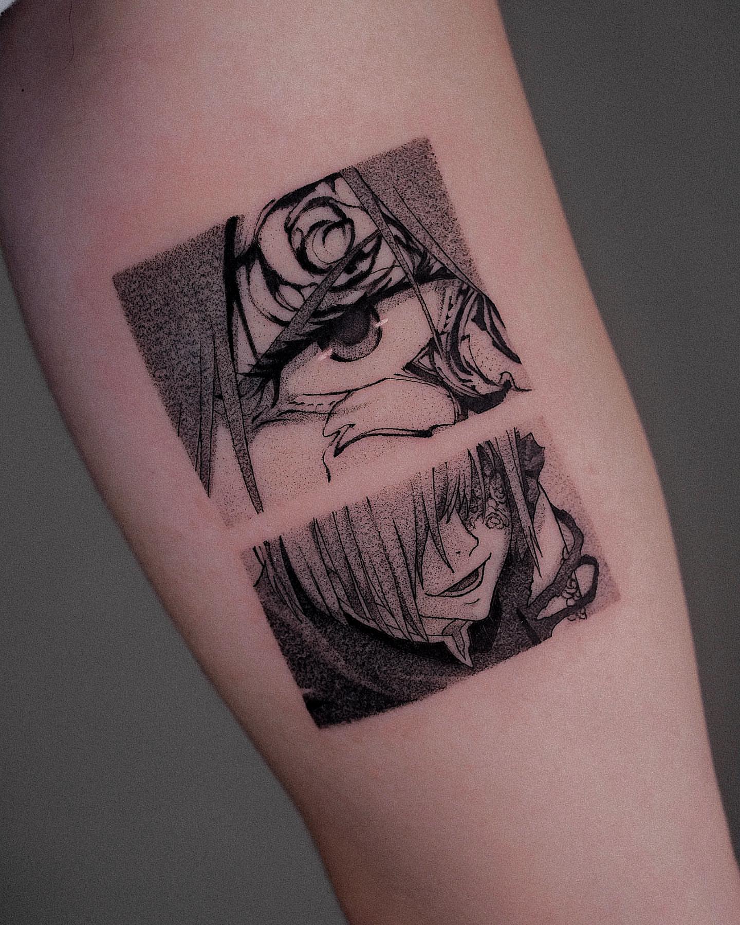 Tattoo by @tattooist_monday — dotwork, anime