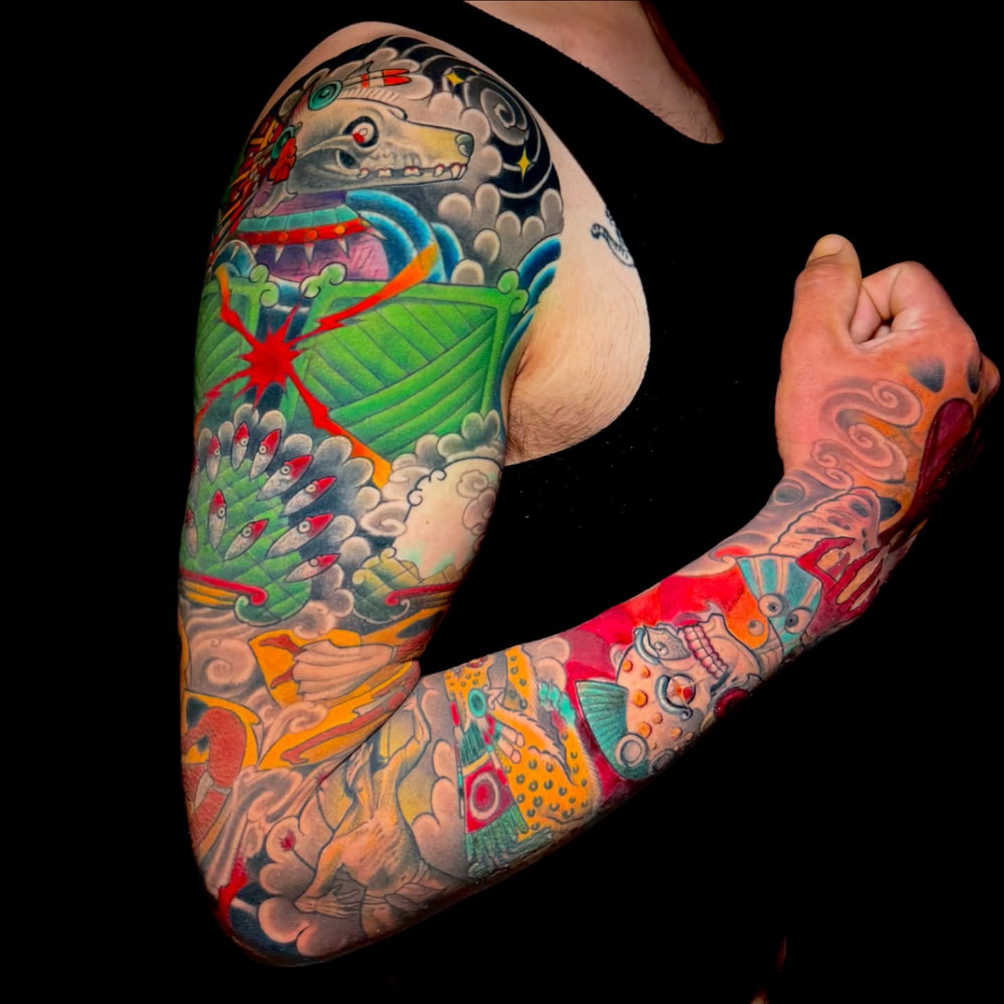 Ship and waves japanese irezumi tattoo on the upper arm by Meza Cruz