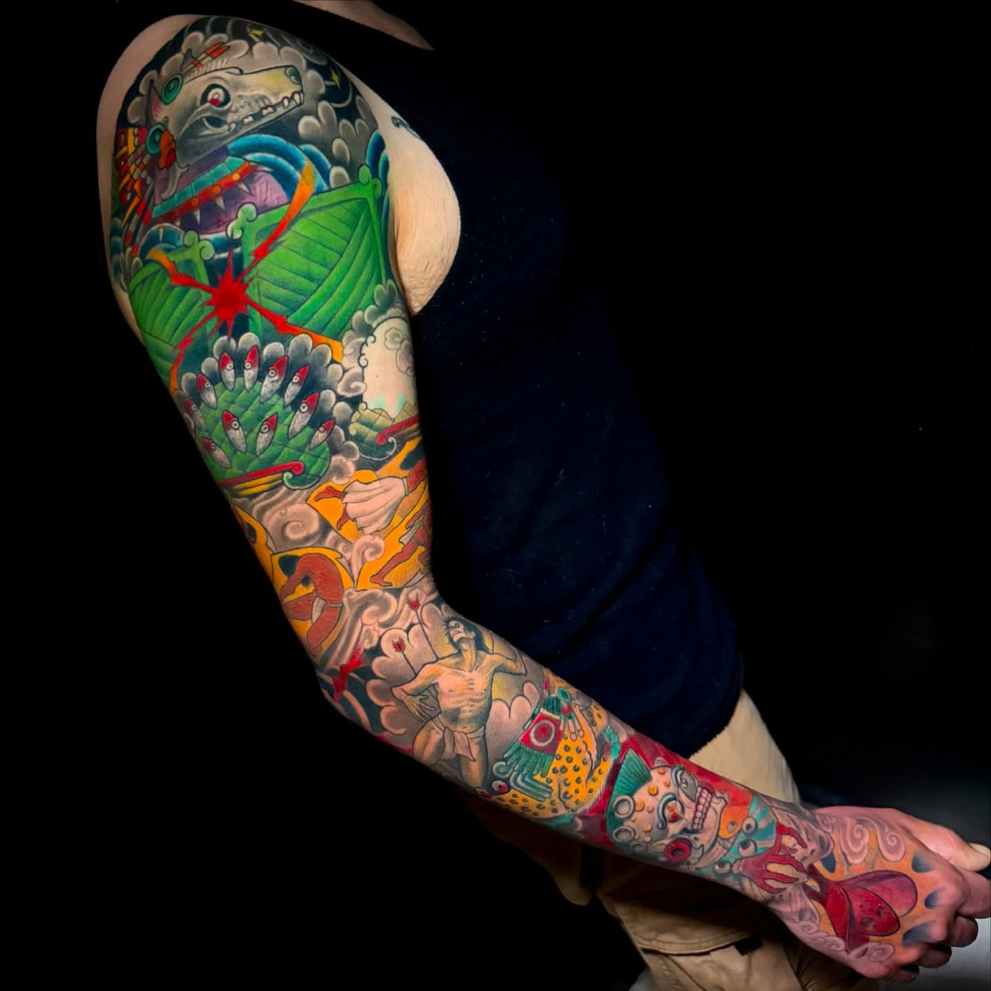 Ship and sea creatures japanese irezumi tattoo on the upper arm by Meza Cruz