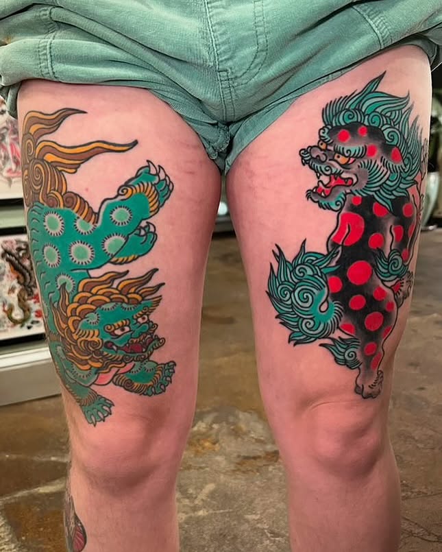 Dragons japanese irezumi tattoo on the thigh by 𝕯𝖗𝖊𝖜 𝕲𝖎𝖑𝖊𝖘 𝕵𝖆𝖙𝖙𝖔𝖔, Addison, Texas