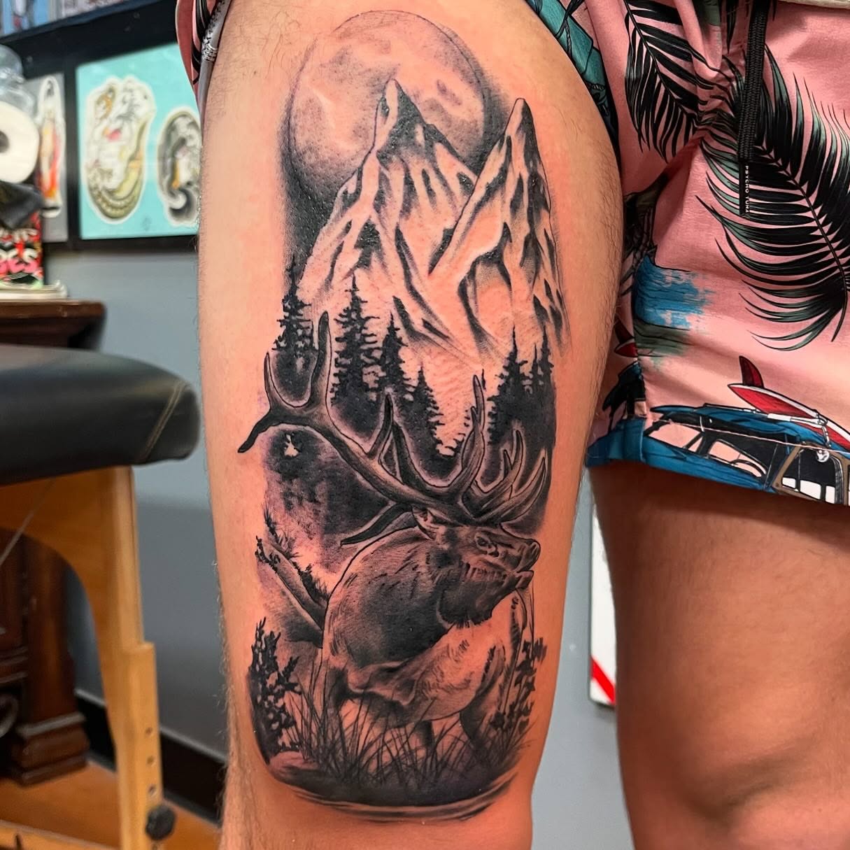 Elk and mountain realism tattoo on the thigh by 💀good To the Grave💀