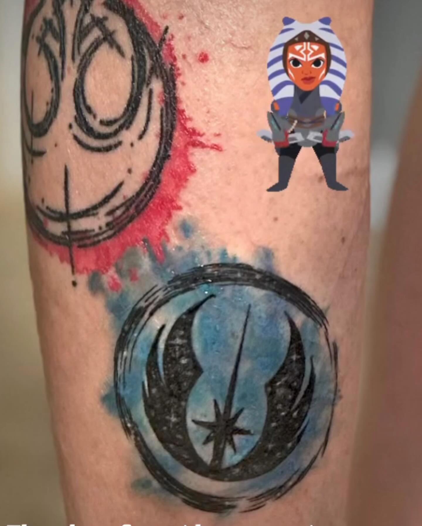 Watercolor Jedi symbol watercolor tattoo on the forearm by QUEEN TATTOO Stephanie Larson