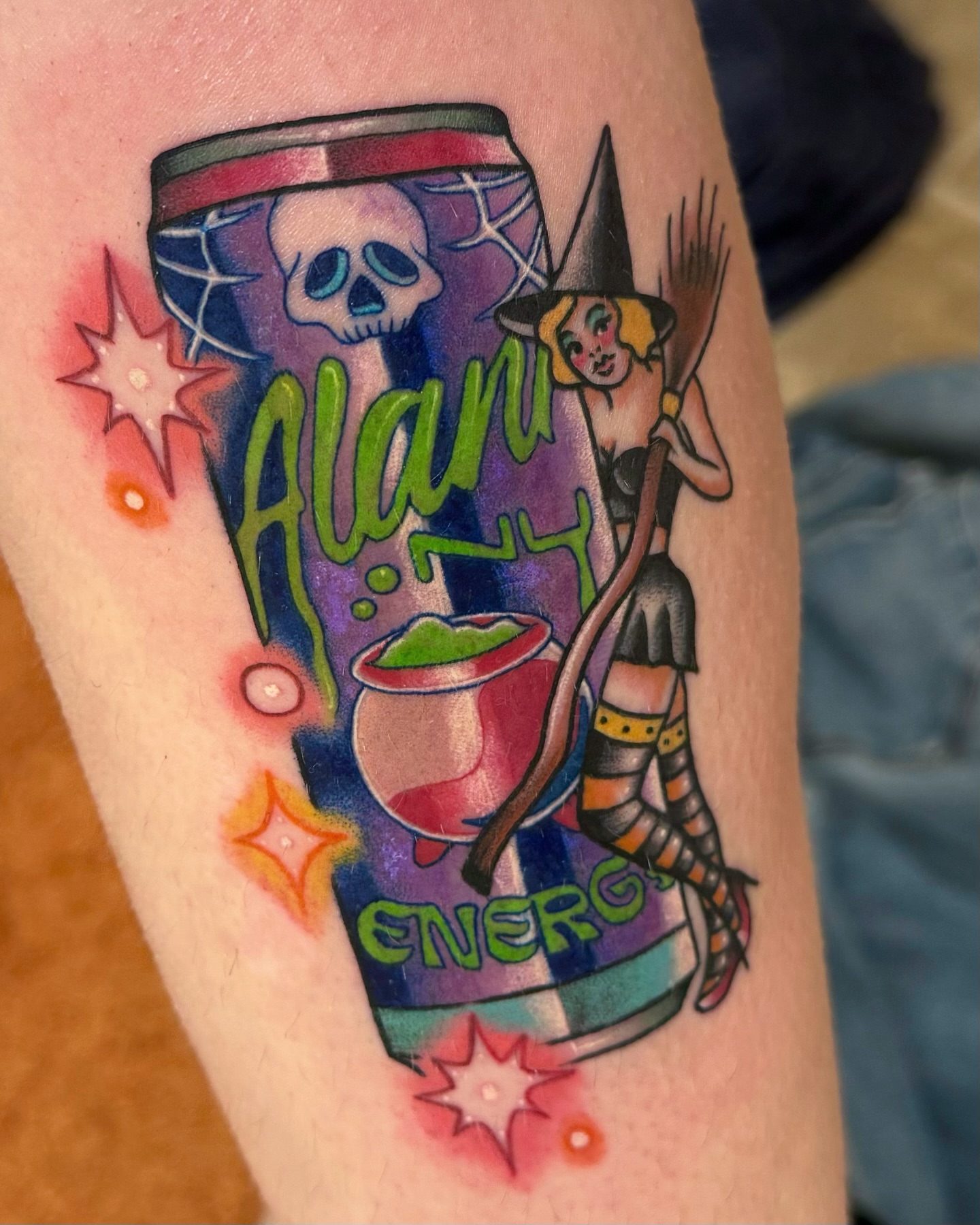 Witch and potion new school tattoo on the forearm by Jordyn Tinney