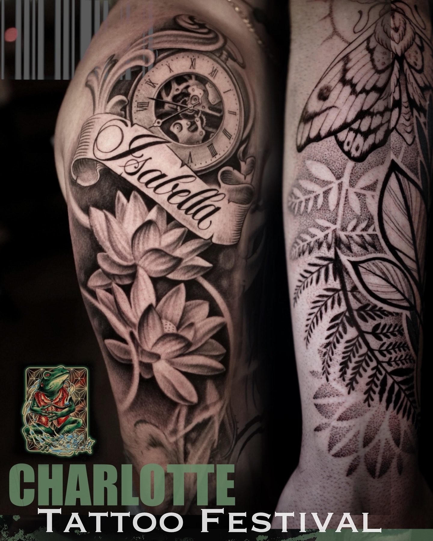 Clock, lotus flowers, moth dotwork tattoo on the forearm by Luisd_art, Charlotte, North Carolina