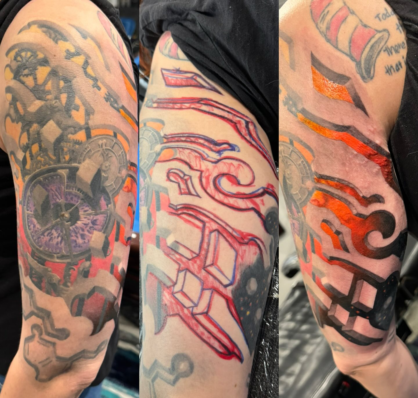 Mechanical gear and flame geometric tattoo on the forearm by marcus labonne