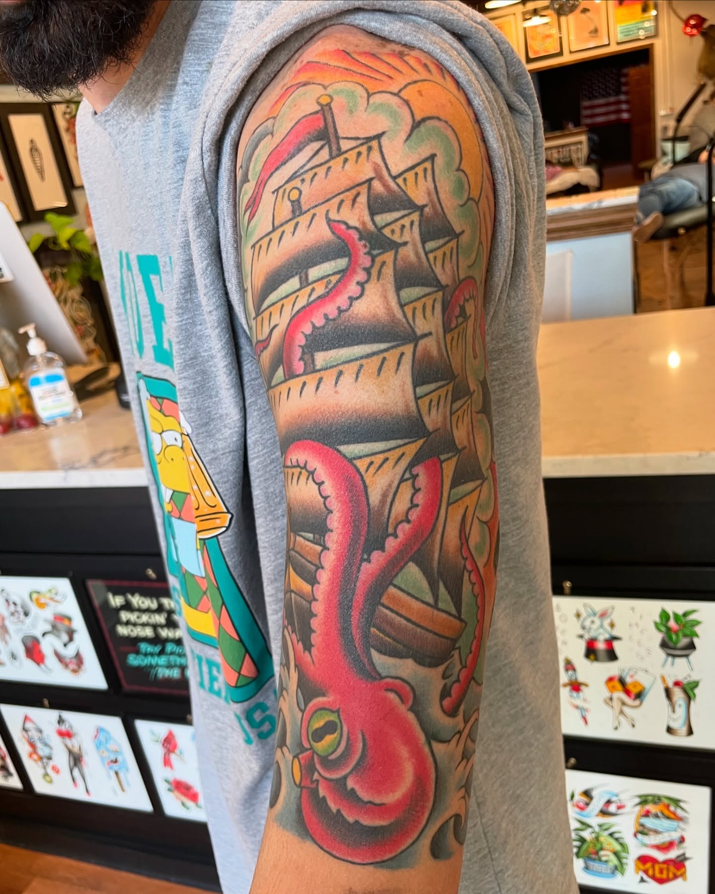 Ship and octopus American traditional tattoo on the forearm by Grandma Approved, Chicago, Illinois