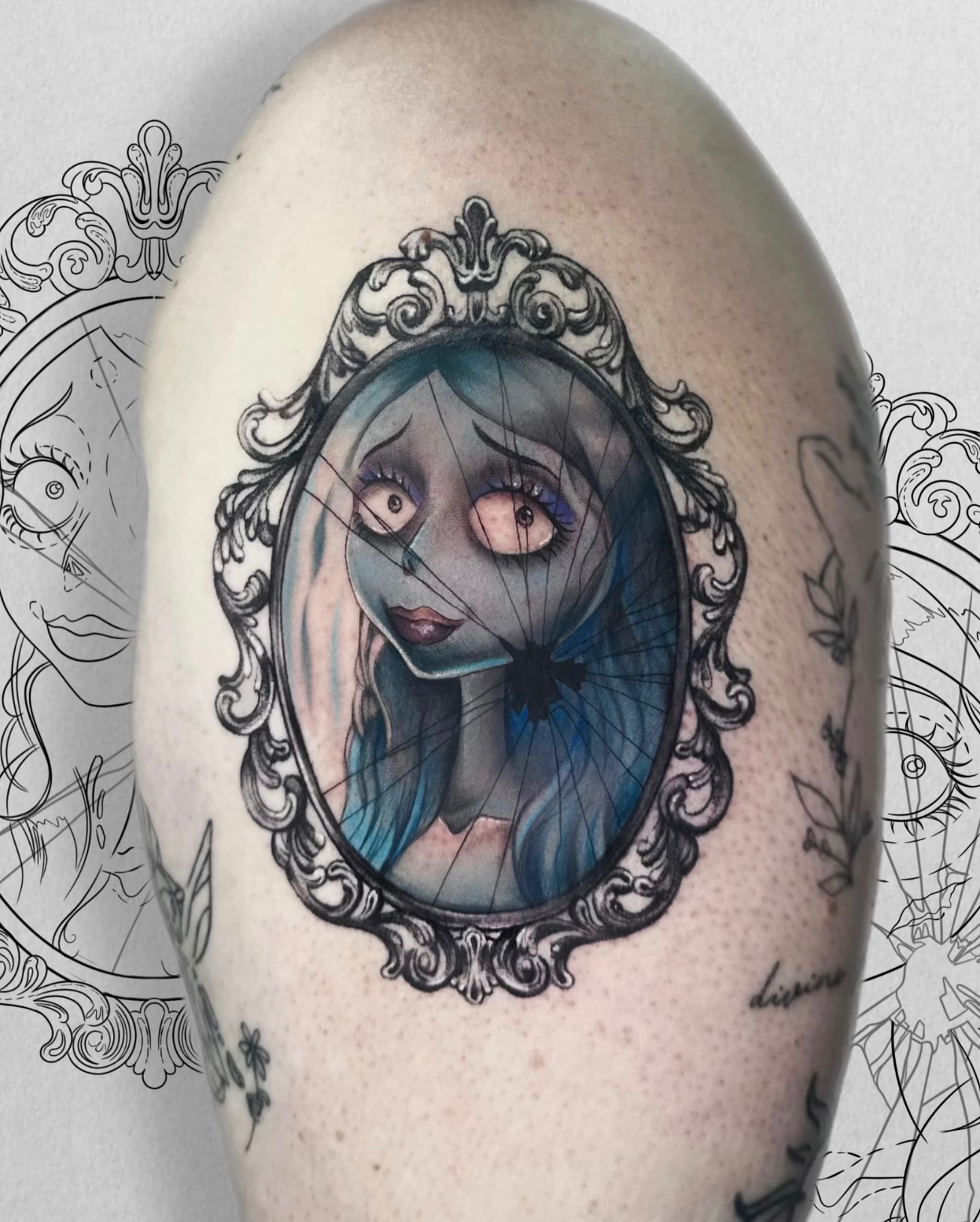 Portrait in mirror frame dark realism tattoo on the shoulder by Aris