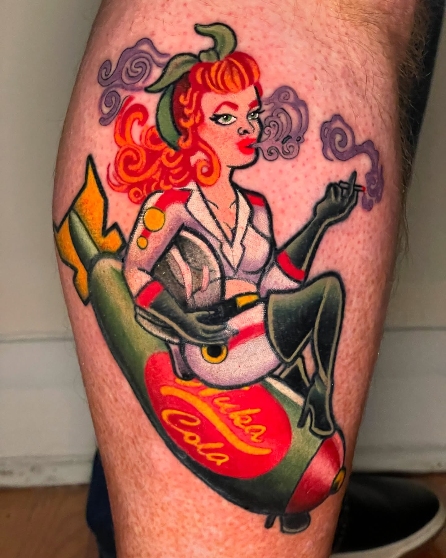 Pin-up girl American traditional tattoo on the thigh by Kimberly Parton- Chapel Hill Tattooer, Chapel Hill, North Carolina