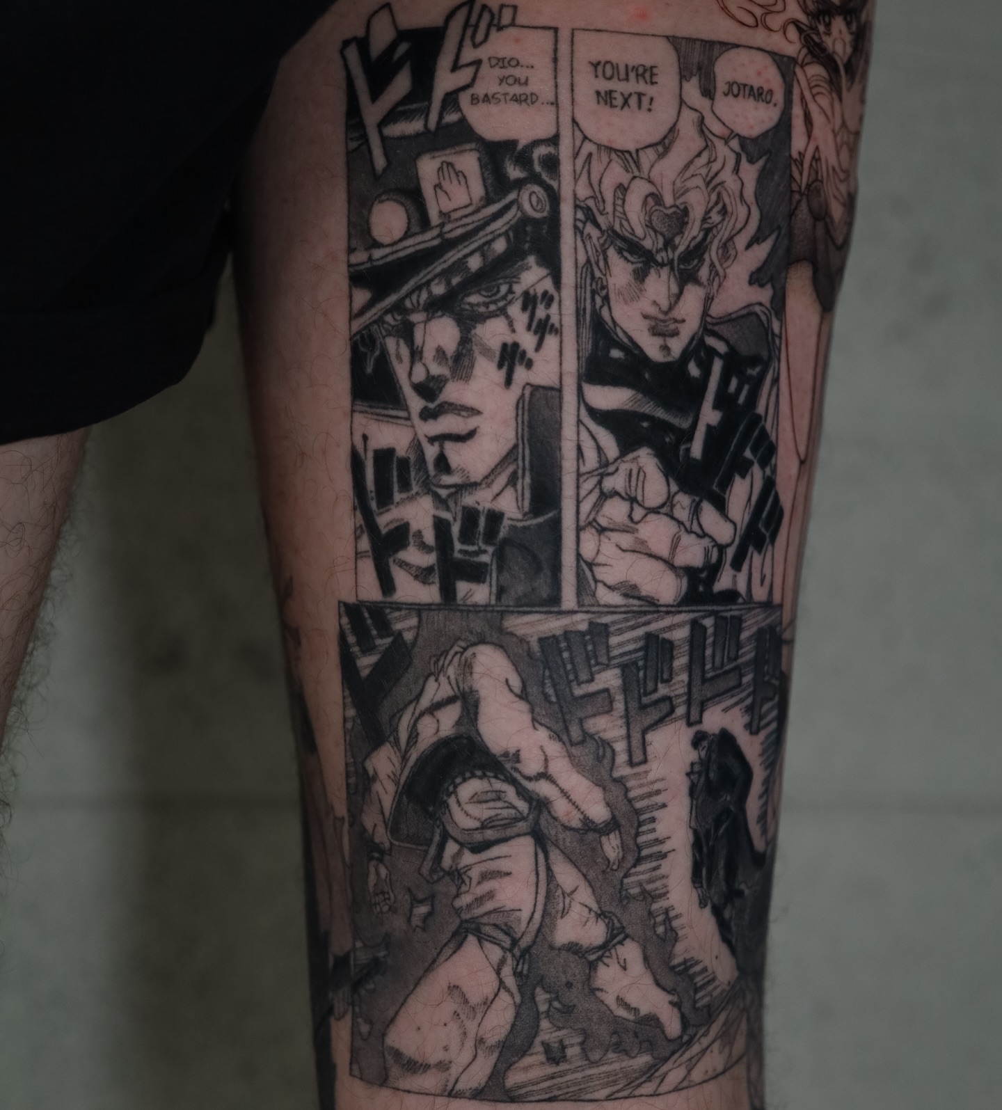Comic panel black and grey tattoo on the leg by Dana, Phoenix, Arizona