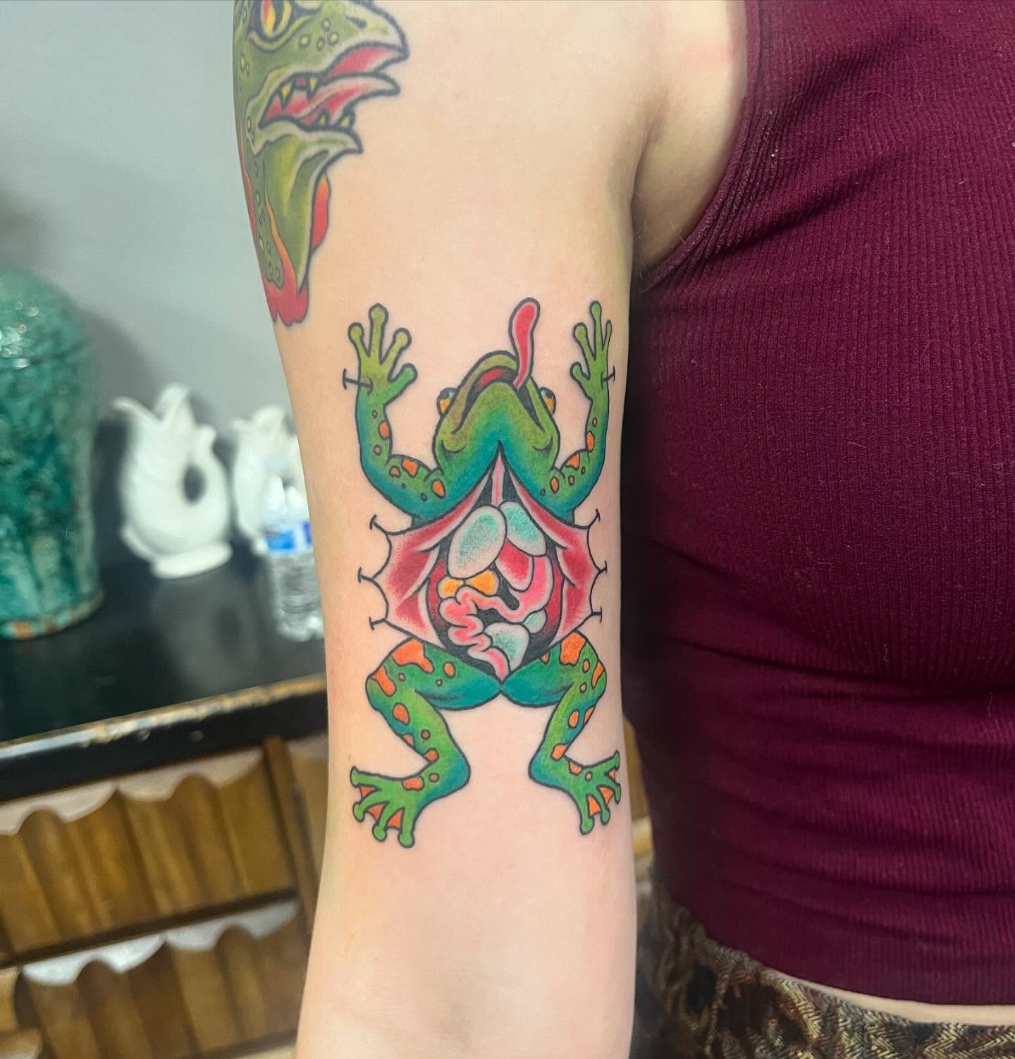 Frog American traditional tattoo on the forearm by Allie Tippets, Gilbert, Arizona