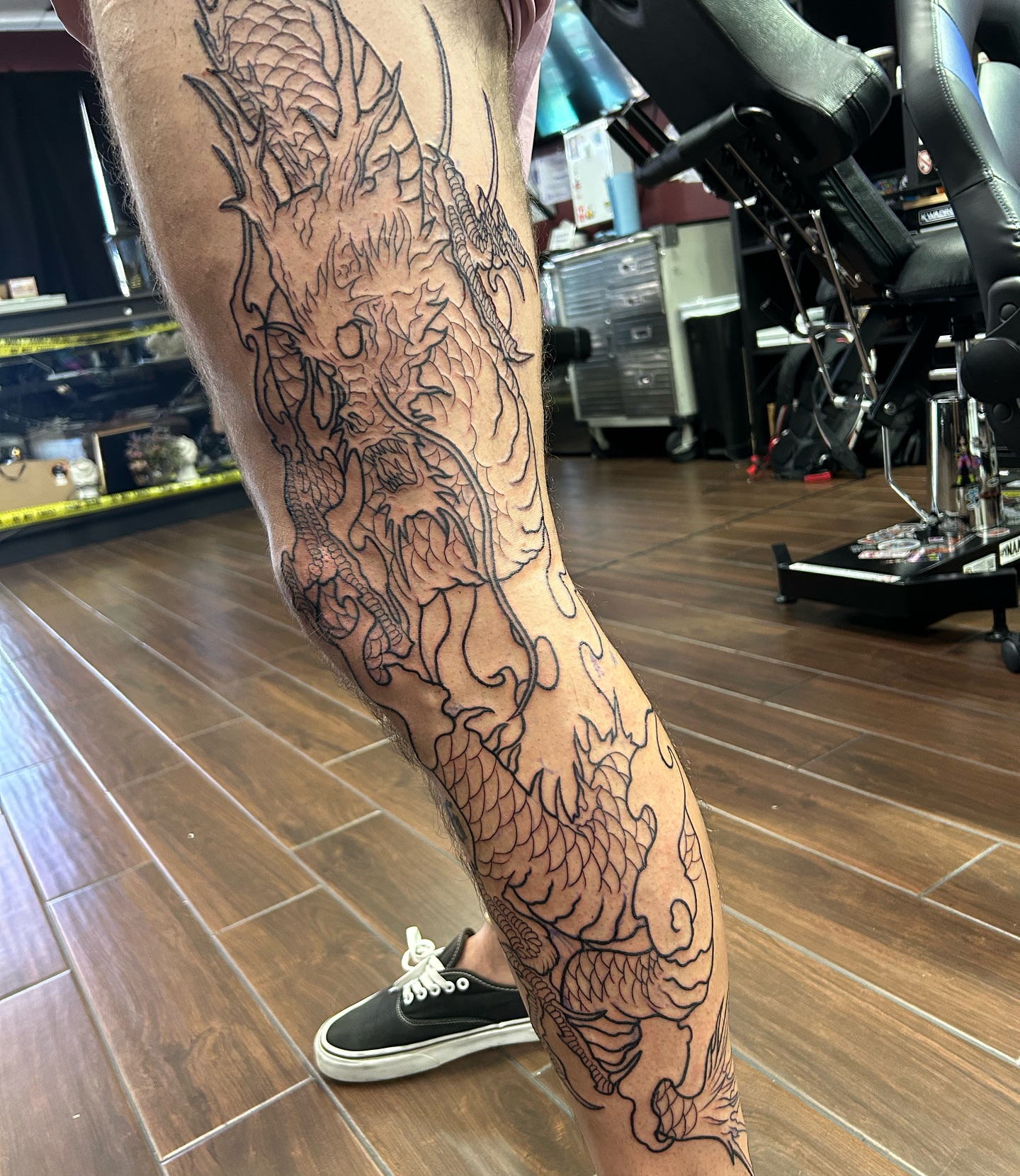 Dragon black and grey tattoo on the leg by Tattoo Seattle Anime Japanese San Francisco