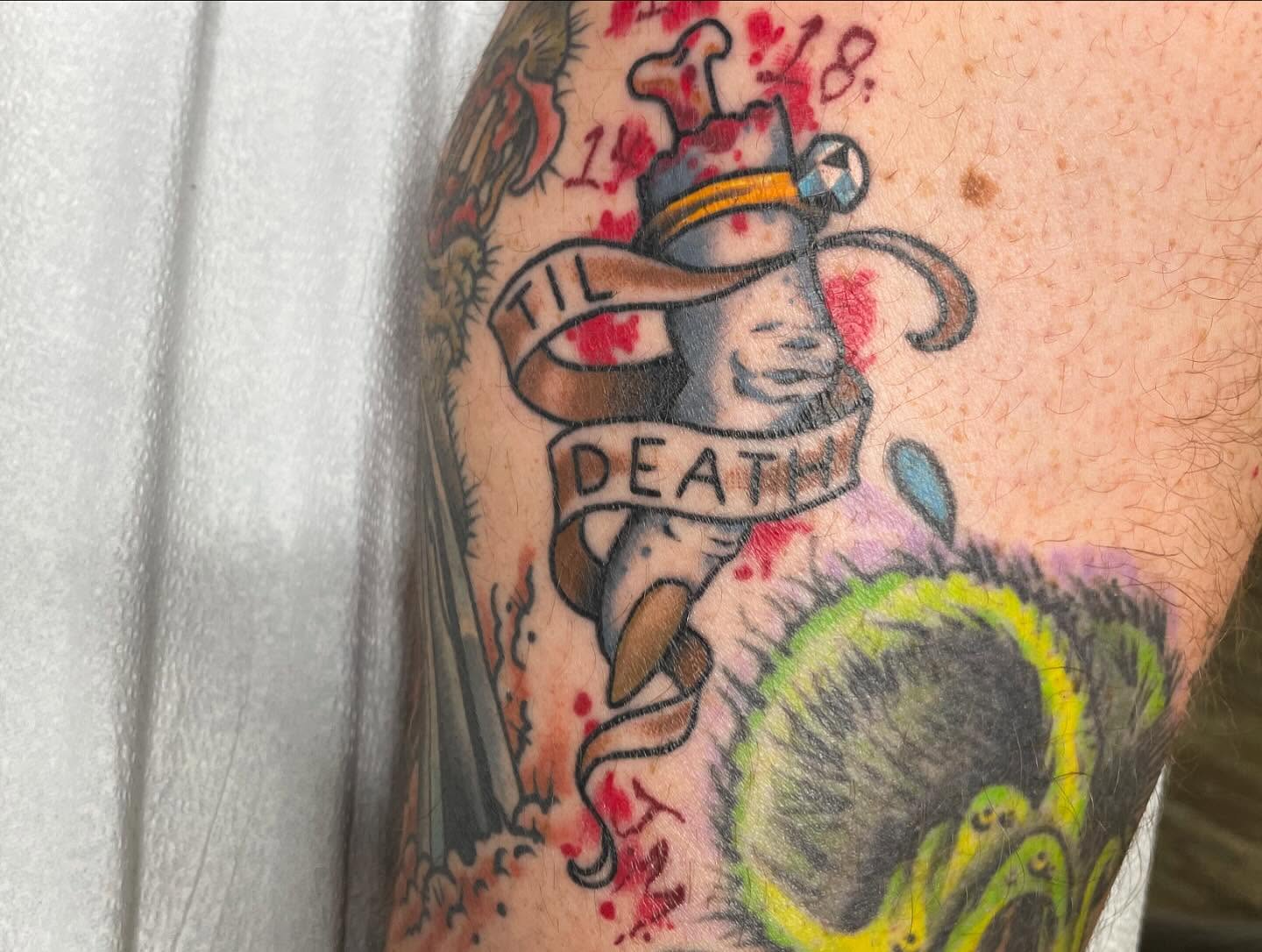 Til death American traditional tattoo on the forearm by Caleb Baker