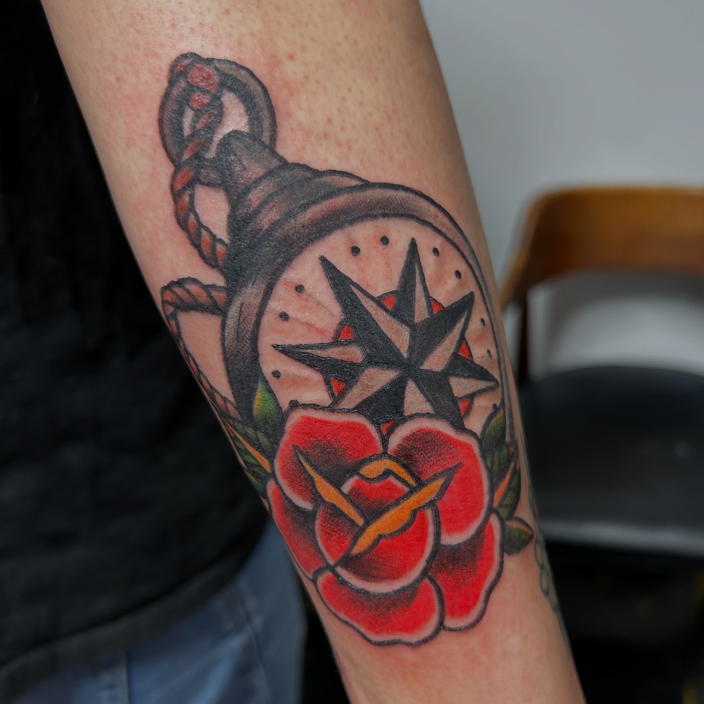 Compass rose and rose American traditional tattoo on the forearm by Lauren Caldwell 🔮🌙