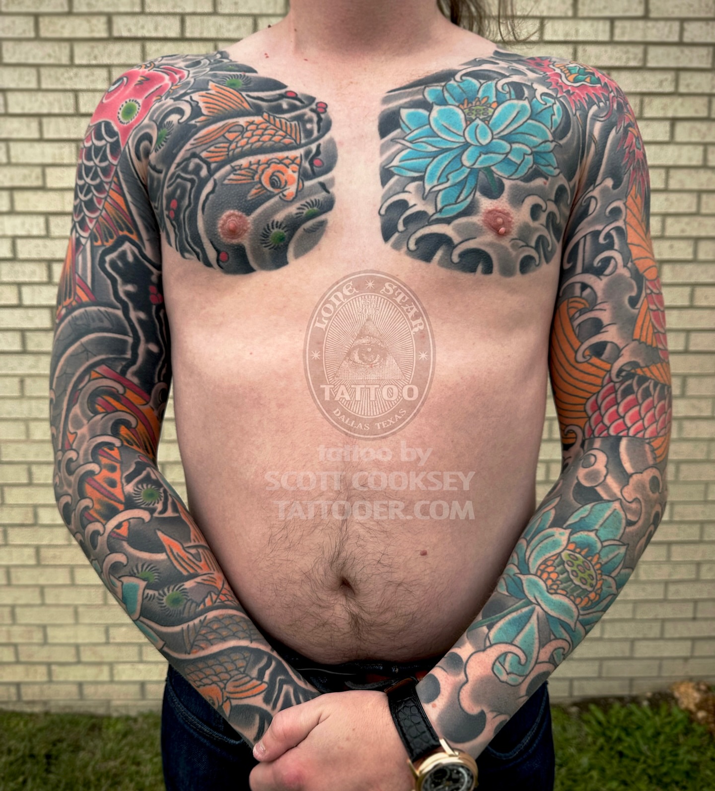 Koi fish and lotus flower japanese irezumi tattoo on the chest by Scott Allen Cooksey, Plano, Texas