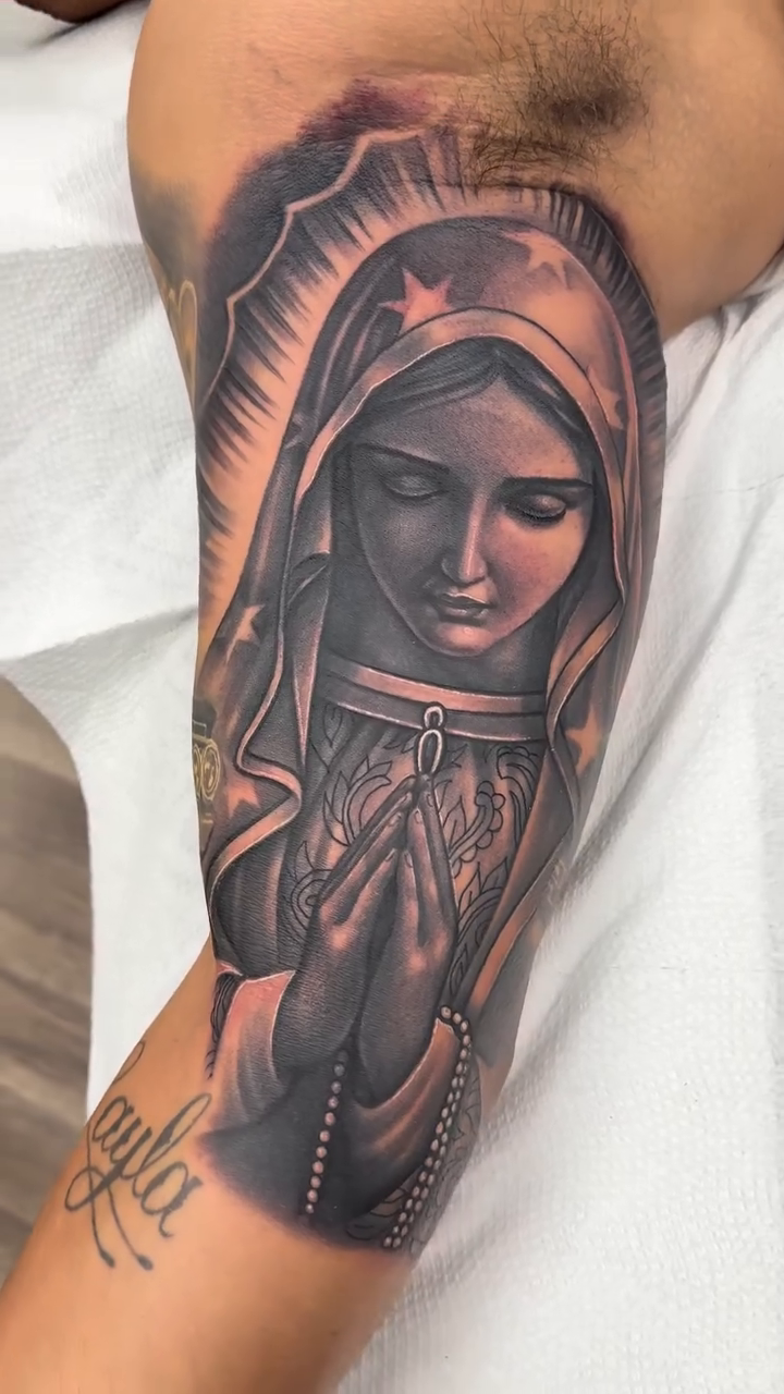 Virgin Mary realism tattoo by Joshua ramirez, Montebello, California