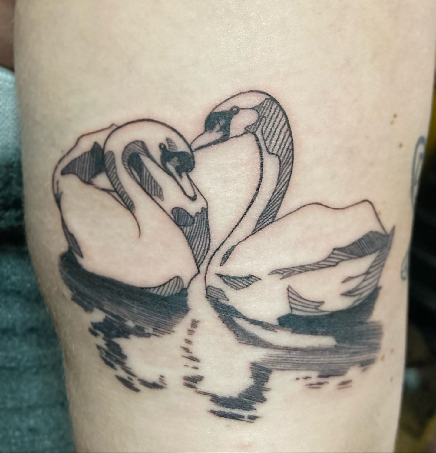 Swans realism tattoo on the forearm by Rizzie D'Alterio